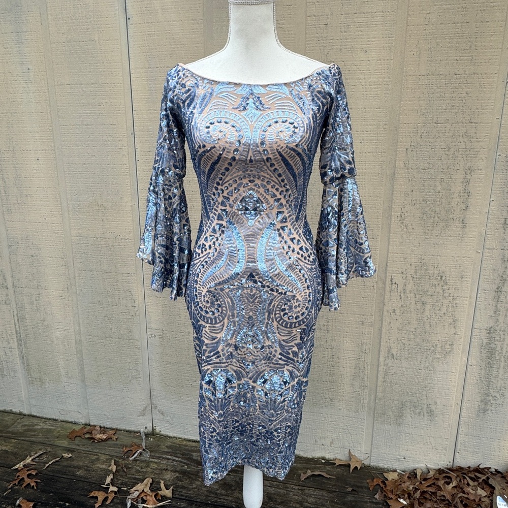 Betsy & Adam Blue Sequin Boatneck Midi Dress with Bell Sleeves
